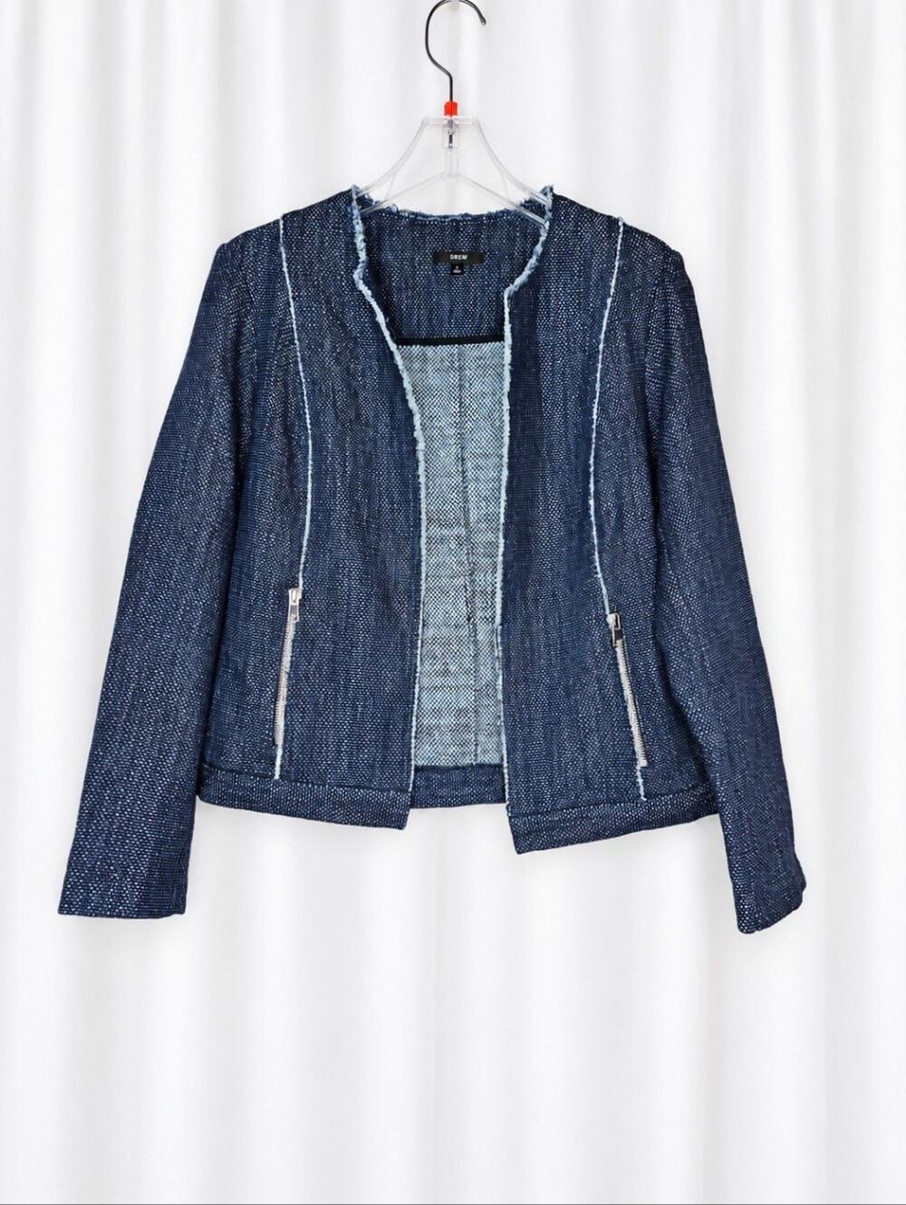 DREW Navy Blue Metallic Tweed Frayed Seams Zip Pockets Open Front Classic Jacket